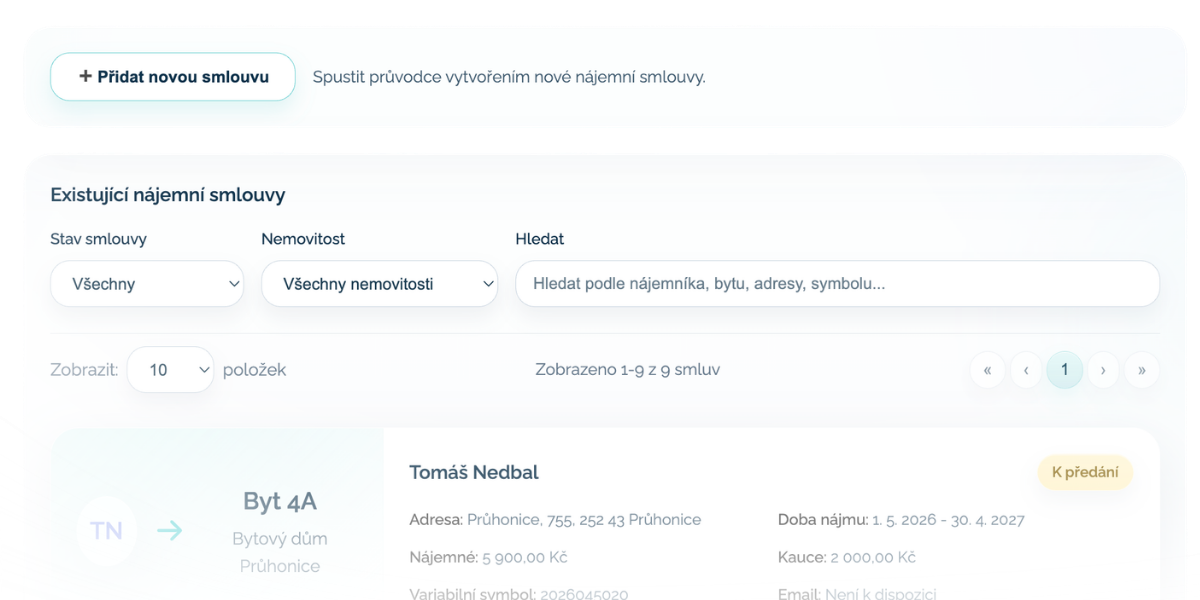 Evidence nájemních smluv v Rentivu